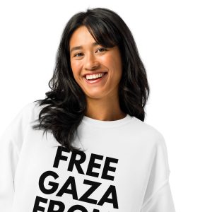 Woman wearing a white sweatshirt with “Free Gaza from Hamas” text.