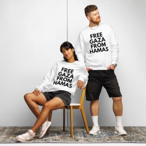 Man and woman wearing a white sweatshirt with “Free Gaza from Hamas” text.