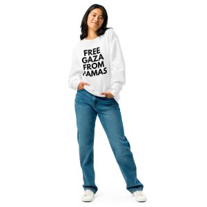 Woman wearing a white sweatshirt with “Free Gaza from Hamas” text.