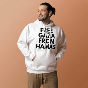 Man wearing a white hoodie with “Free Gaza from Hamas” text.
