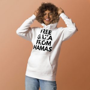 Woman wearing a white hoodie with “Free Gaza from Hamas” text.