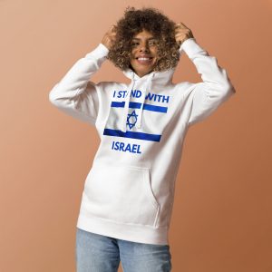 Woman wearing a white hoodie with “I Stand With Israel” text and Israeli flag design.