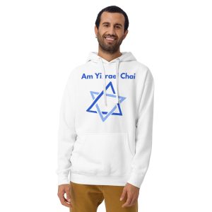 Man wearing a white hoodie with “Am Yisrael Chai” text in English and Star of David design.