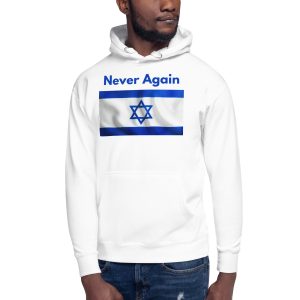 Man wearing a white hoodie with “Never Again” text and Israeli flag design.