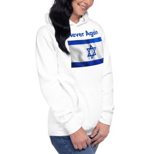 Woman wearing a white hoodie with “Never Again” text and Israeli flag design.