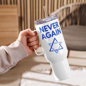 Hand holding a white travel mug with “Never Again” text and Star of David design.