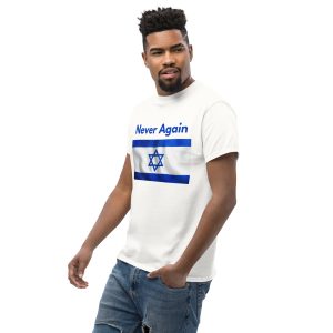 Man wearing a white t-shirt with “Never Again” text and Israeli flag design.