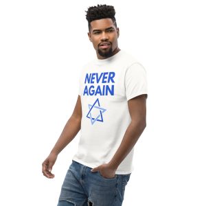 Man wearing a white t-shirt with “Never Again” text and Star of David design.