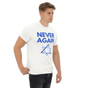 Man wearing a white t-shirt with “Never Again” text and Star of David design.