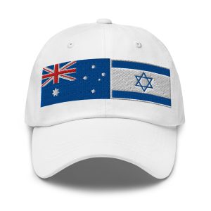 White cap with embroidered Australia and Israel flags on the front, featuring a clean and structured design.