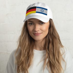 White cap with embroidered Germany and Israel flags worn by a woman