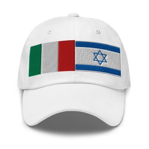 White cap with embroidered Italy and Israel flags.
