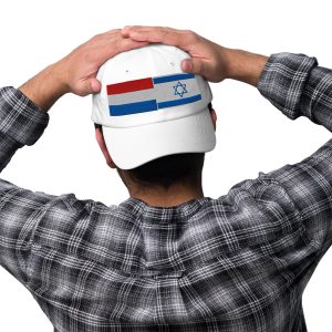 White cap with embroidered Netherlands and Israel flags worn from the back by a man.