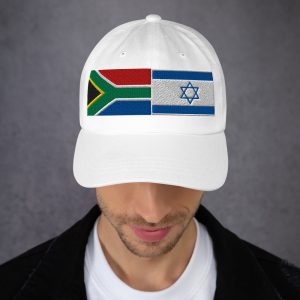 White cap with embroidered South Africa and Israel flags worn by a man.