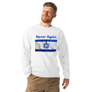 Man wearing white ‘Never Again’ sweatshirt with Israel flag design