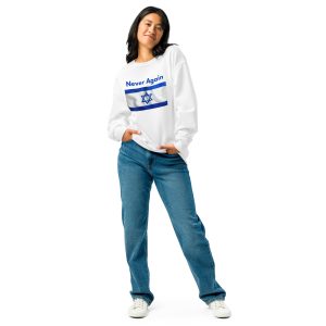 Woman wearing white ‘Never Again’ sweatshirt with Israel flag design