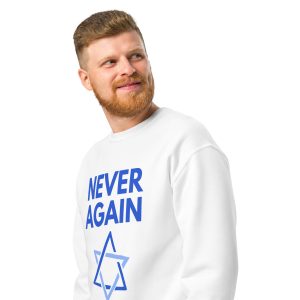 White sweatshirt with ‘Never Again’ text and Star of David design worn by a man