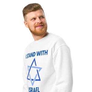 Man wearing white ‘I Stand With Israel’ sweatshirt with Star of David design